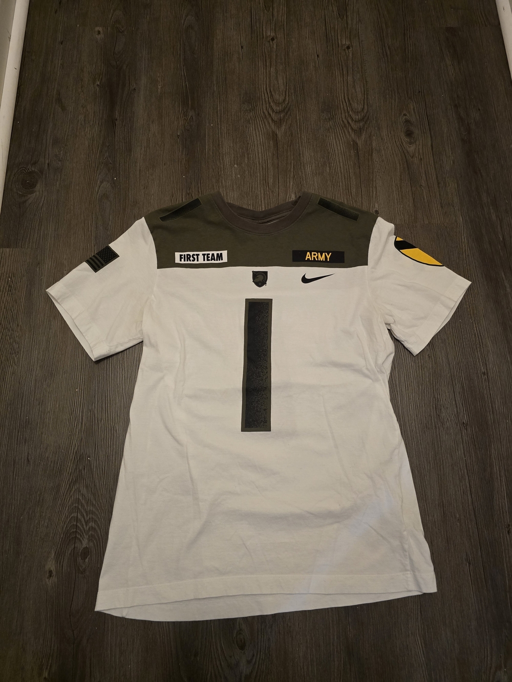Nike White & Olive Green 'Army First Team' Short Sleeve Jersey